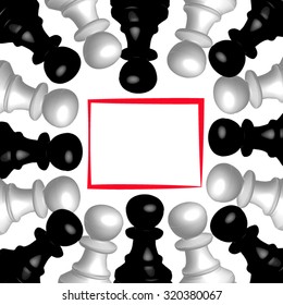 All isolated. Red square chalk frame, surrounded by a voluminous black and white 3D pawns.