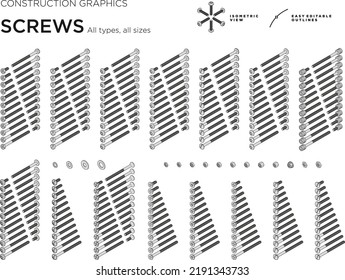 All kind and allsizes of screws, construction graphics for blueprints, instructions and manuals. Screws, Easy editable outline graphics. Isometric view