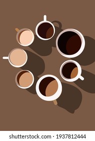 alle Arten von Kaffeegetränken. Draufsicht auf dem Tisch. Kaffee am Morgen vor der Arbeit. Poster, Vektorgrafik