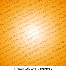 All languages happy new year text layer on golden festive vector background.