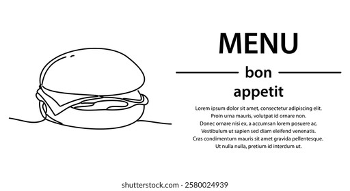 All lines of the hamburger are determined with a single continuous line. Minimalism stands out on the white background.