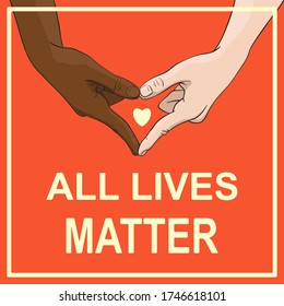 All lives matter banner and multiracial hands showing heart shape gesture  Vector illustration