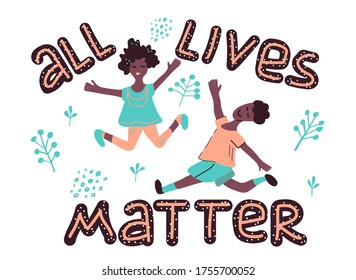 All lives matter and Black lives matter concept. African American children, boy and girl. Human rights of black people.  Hand drawn vector cartoon illustration and lettering isolated on white 