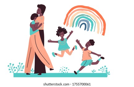 All lives matter and Black lives matter concept. Human rights of black people. African American family and rainbow on the sky. Father, mother, son and daughter. Hand drawn vector cartoon illustration