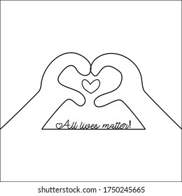 All lives matter concept. Two human hands show love sign gesture with heart flat vector illustration black outline isolated on white background. Activism poster or banner, Equality campaign.