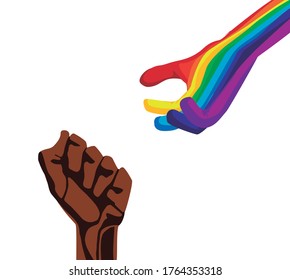 All lives matter, union of the black lives matter movement with lgbt pride protest, raised brown fist and rainbow hand providing help, vector illustration