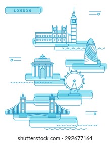 All London landmarks gathering together. Clean lines and colors. Modern linear style. Minimalistic design. 