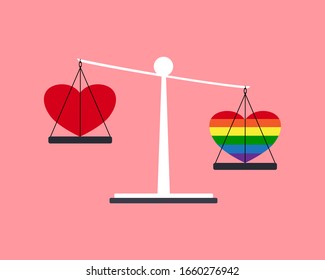 All love is equal. Vector of rainbow heart (LGBTQ+ related symbol in rainbow colors), red heart and weigh equally on a white scale.