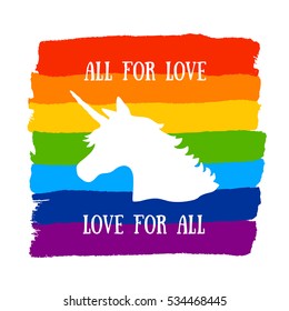 Todo por amor, amor para todos. Afiche con rayas rotas dibujadas en fondo blanco en colores arcoiris y unicornio. Signo de cultura LGBT. Elemento de diseño del orgullo gay. 