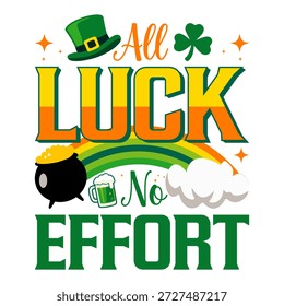 Diseño de la camiseta del día de San Patricio con sombrero de duende, arco iris, olla de oro, taza de cerveza e ilustración de tipografía irlandesa audaz