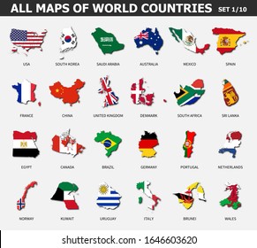 All maps of world countries and flags . Set 1 of 10 . Collection of outline shape of international country map with shadow . Flat design . Vector .