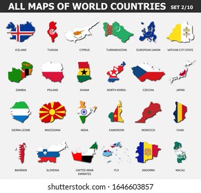 All maps of world countries and flags . Set 2 of 10 . Collection of outline shape of international country map with shadow . Flat design . Vector .