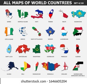 All maps of world countries and flags . Set 4 of 10 . Collection of outline shape of international country map with shadow . Flat design . Vector .