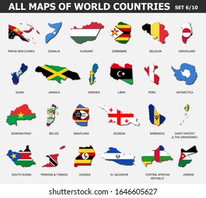 All maps of world countries and flags . Set 6 of 10 . Collection of outline shape of international country map with shadow . Flat design . Vector .