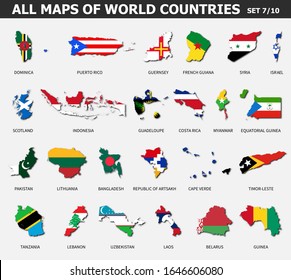 All maps of world countries and flags . Set 7 of 10 . Collection of outline shape of international country map with shadow . Flat design . Vector .