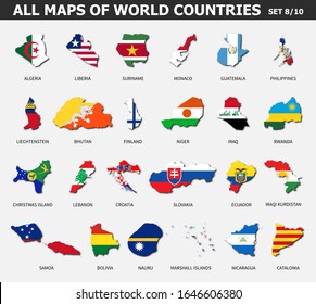 All maps of world countries and flags . Set 8 of 10 . Collection of outline shape of international country map with shadow . Flat design . Vector .