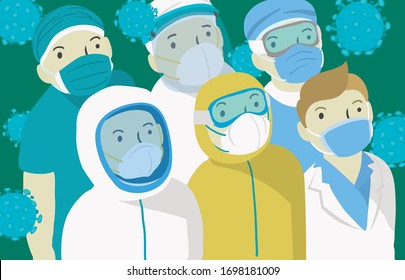 All of medical staff in protection suit stand among corona virus and fight them.