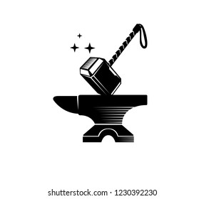all mighty thunder hammer anvil mythical magic vector logo design inspiration or illustration template