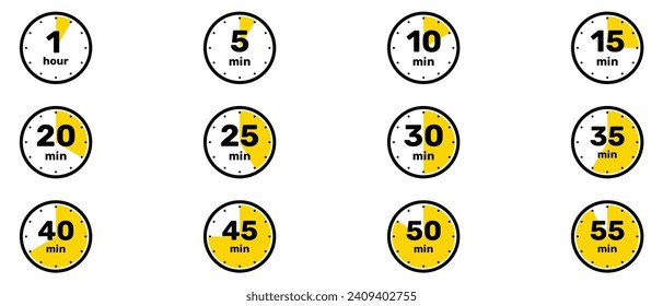 All Minutes Analog Clock Icon set white background design.