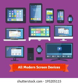 All modern screen devices. Desktop, mobile, wearable and tv. EPS 10 vector.