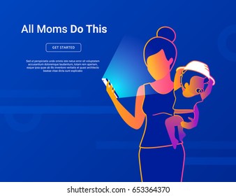 All moms do this. Young mom with baby using smartphone for social networking, reading news, watching video, searching internet. Modern gradient thin line vector illustration of young mothers lifestyle