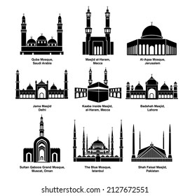 All mosque vector icons. Simple illustration set of 9 mosque elements. editable icons. UI and web design masjid vectors. beautiful mosques.