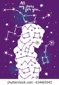 "all my stars for you" poster, starry woman's silhouette on cosmic background, vector illustration