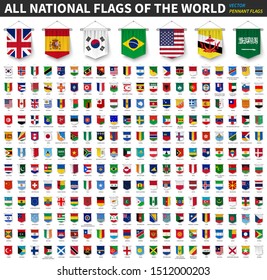 All national flags of the world . 3D realistic pennant hanging design . White isolated background . Vector .