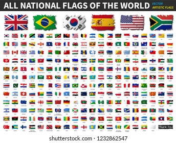 All national flags of the world . Artistic watercolor painting flat design . Vector .