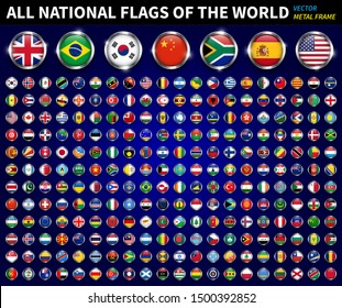 All national flags of the world . Circle metal frame with sparkle design . Blue gradient background . Vector .