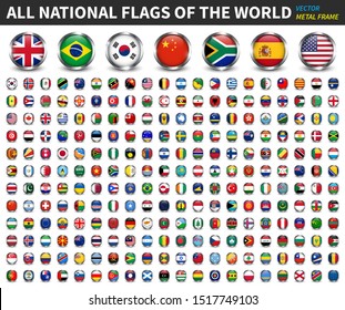 All national flags of the world . Circle metal frame with sparkle design . White isolated background . Element Vector .