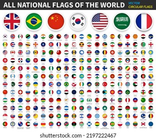 All National Flags Of The World . Circular Flag With Frame And Country Name . Vector .