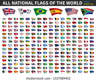 All National Flags Of The World . Curved Design . White Isolated Background . Elements Vector .