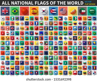 All national flags of the world . Flat color and long shadow . Vector .