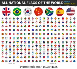 All national flags of the world . Grunge circle shape watercolor painting flag design . White isolated background . Element vector .