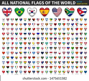 Todas las banderas nacionales del mundo . Diseño de botón de corazón . Vector .