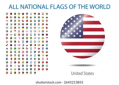 All national flags of the world highlighted. round shape with shadow and name flag isolated