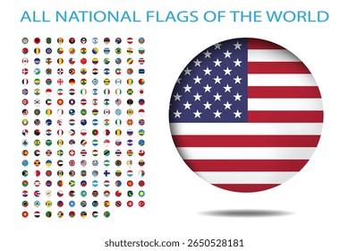 All national flags of the world highlighted. round shape with shadow flag isolated