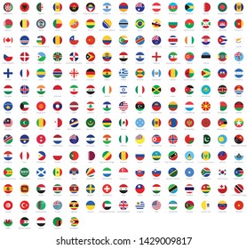 All national flags of the world with names. Rounded flags, circular design. High quality vector flags isolated on white background
