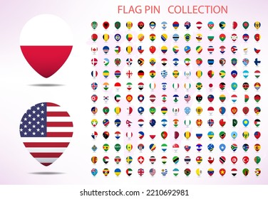 All national flags of the world with names - pin shape with shadow flag isolated on white background