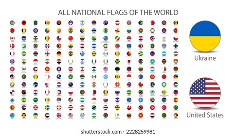 All national flags of the world with names - round shape with shadow flag isolated on white background svg