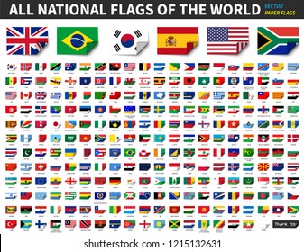 All national flags of the world . Paper design with bend at corner . Elements Vector .