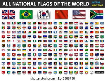All national flags of the world . Realistic waving fabric texture with shadow design . Vector .