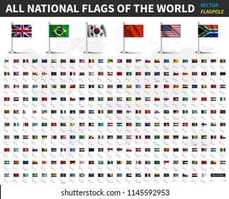 All national flags of the world . Realistic waving fabric with flagpole and shadow design . Vector .