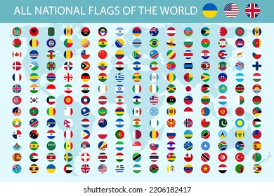 All national flags of the world.  round shape with shadow flag isolated on white background