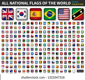 All national flags of the world . Shiny convex round angle square button design . Elements vector