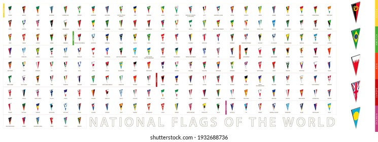 Todas las Banderas Nacionales del Mundo ordenadas alfabéticamente por continente. Icono de pin triangular 3D. Colección de marcas. 