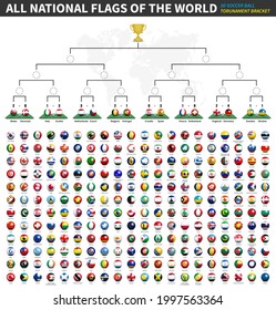 All national flags of the world . Tournament brackets of soccer cup champions league . 3D ball and flag pattern on perspective view football field . Dotted world map background . Sports vector .