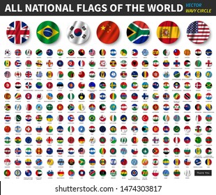 All National Flags Of The World . Waving Circle Flag Design . Vector .