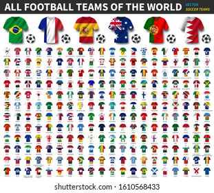 All national flags of the world . National waving jersey soccer teams with country flag pattern . Vector .